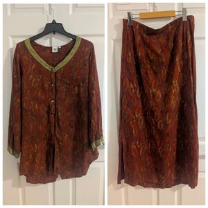 Vintage Fleurissez 2-Piece Set Tunic & Maxi Skirt XL Leaf Print Boho Olive Rust